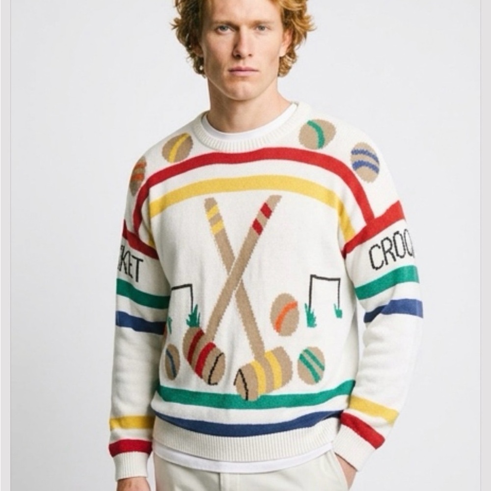 Vintage Colorful Croquet Knit Sweater Striped Red Yellow Green Blue Size M